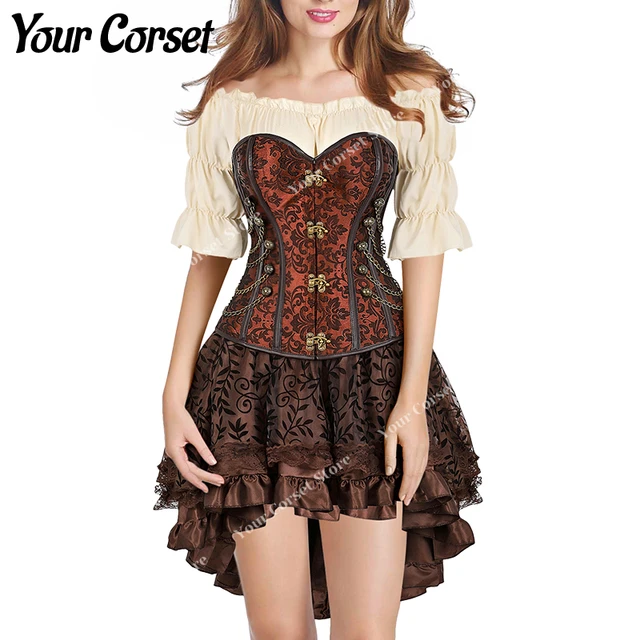 Steampunk Brown Corset Skirt with Shorts Ruffles Gothic Corset