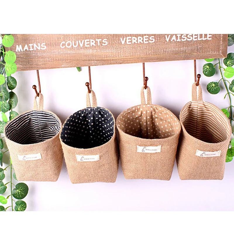 

Mini Cotton Linen Storage Bag Kids Toy Storage Basket Sundries Organizer Door Wall Hanging Pocket Pouch Makeup Cosmetic Holder