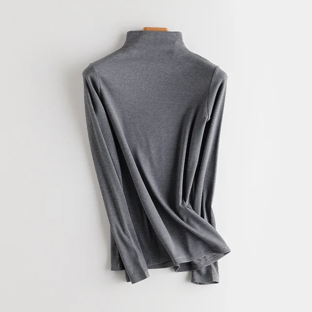 SuyaDream Women Bottoming T Shirt Real Silk Blend Long Sleeves Solid Basic Shirt 2021 Autumn Winter Turtleneck Top Gray Mock N