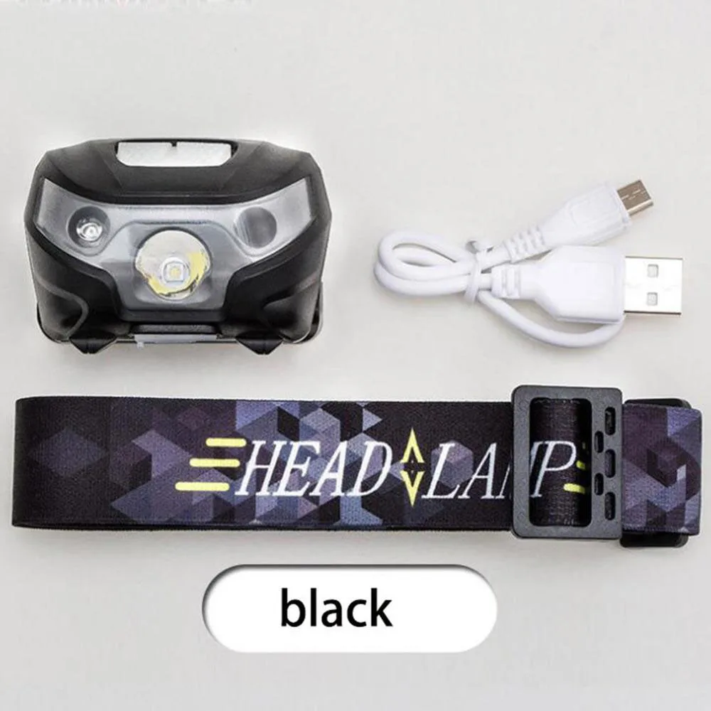 Мощный мини-сенсор налобный фонарь с USB перезаряжаемой батареей водонепроницаемый фронтальный фонарик Головной фонарь - Испускаемый цвет: Black