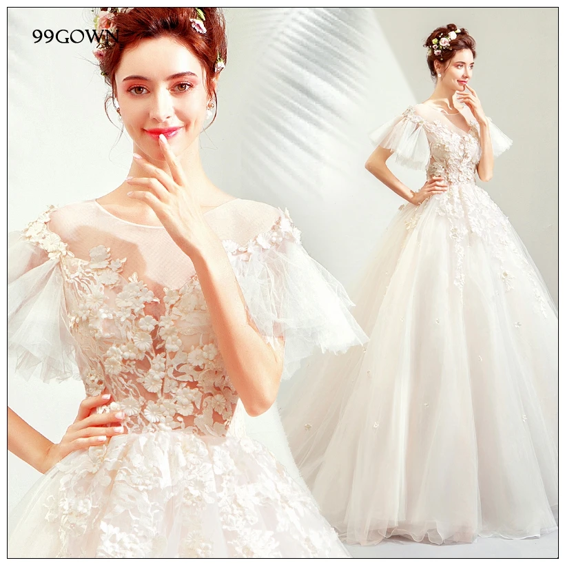 99GOWN роскошное свадебное платье со шлейфом, с коротким рукавом и расклешенной вышивкой, а-силуэт, кружевное Тюлевое свадебное платье с открытой спиной