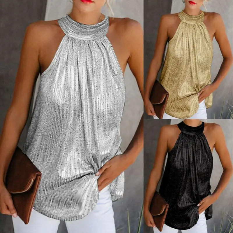 Women Gold Blouse 2020 New Fashion High Neck Sleeveless Hatler Tank Top Vest Summer Casual Loose Shirt Tee | Женская одежда