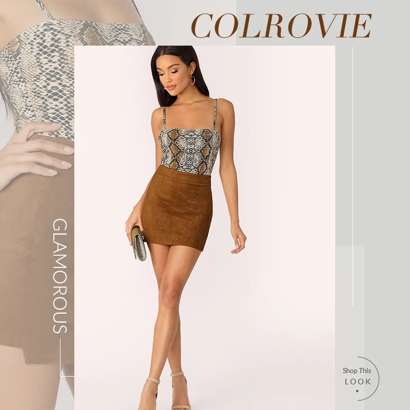COLROVIE/коричневая облегающая юбка из замши со ступенчатой стороной с завышенной талией, элегантная Мини-Юбка Для Женщин, Летние Женские однотонные сексуальные юбки