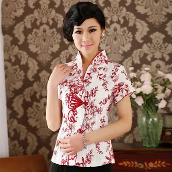 

Chinese traditional summer pure color printing short-sleeved women's cheongsam Dress top improved short-sleeved Tang suit shirt
