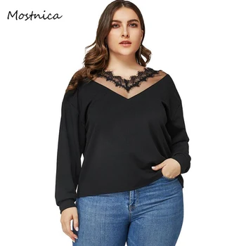 

Mostnica Black Scallop Trim Plus Size Women T-shirts Elegant V Neck Dropping Shoulder Long Sleeves Tshirt Spring Mesh OL Tops