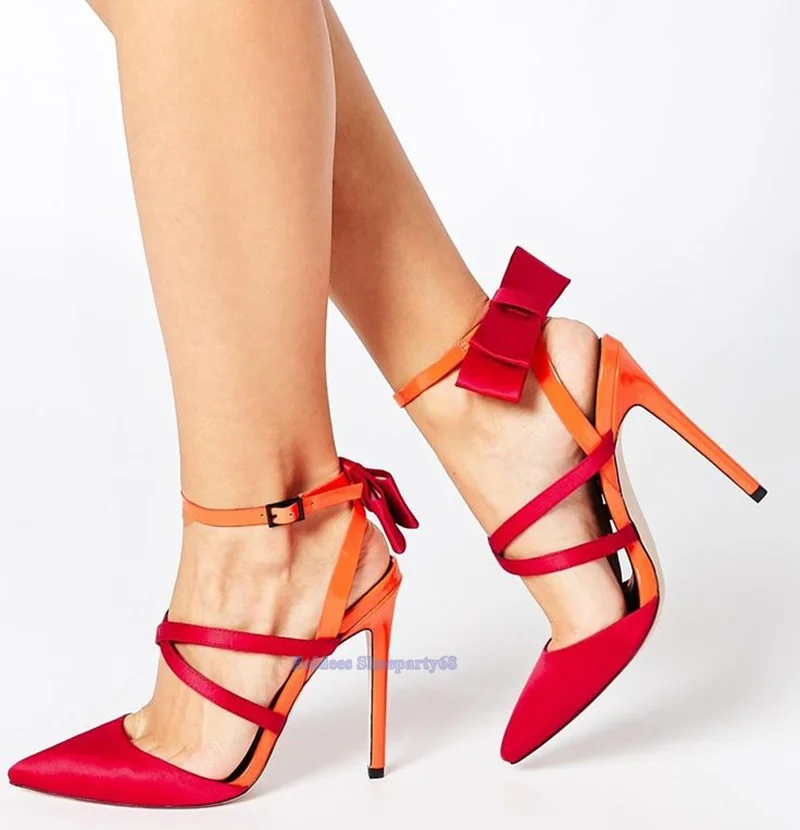

Thin Heeled Red Back Straps Bowtie Narrow Band High Heel Sandals Women Ankle Strap Party Dress Shoes