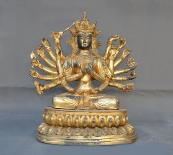 

wedding decoration Tibet Buddhism Bronze 24k gold Gilt 18 arms Tara Kwan-yin Guanyin Buddha statue
