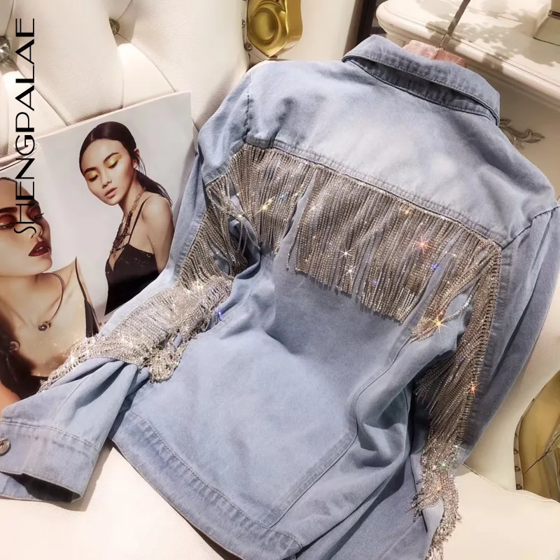 

SHENGPALAE 2019 Autumn High Quality Denim Jackets Rhinestone Chain Tassels Personality Cut Wash Cowboy Loose Coat Woman FS720