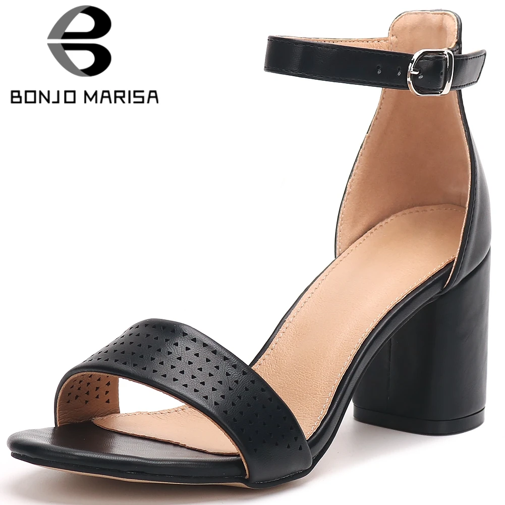 

BONJOMARISA Ladies Summer Elegant Solid Fretwork Sandals High Heels Ankle Strap Sandals Women 2020 Summer Sweet Date Shoes Woman