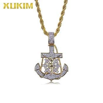 

Xukim Jewelry Brass Iced Out Necklace Men Cross Anchor Pendant Gold Zodiac Necklace Hip Hop Silver Jewelry Dropshipping IPM823
