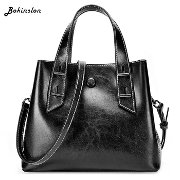 

Bokinslon Fashion Portable Bucket Bag Shoulder Female Large Capacity Split Leather Womans Casual Bag