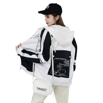 

Fashion Women Coat Outwear Long Sleeve Corduroy Patchwork Oversize Jacket Windbreaker Coat Spring Autumn Cartoon Print Hoodies