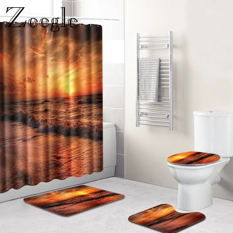 Zeegle 3D Natural Pattern Toilet Rug Set  Waterproof Shower Cunrtain with Hooks Toilet U Type Mat Pedestal Rug Toilet Seat Cover