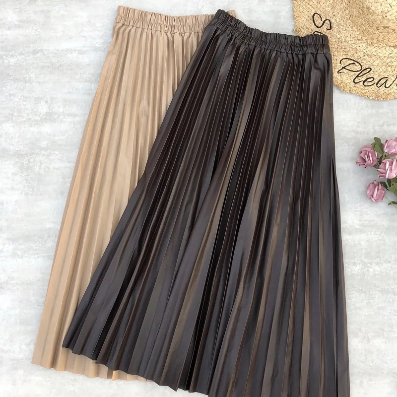 

Winter Women Leather Skirts High Waist Solid Color Long Skirt PU Leather Elegant Fashion Women Pleated Midi Skirt Office Lady
