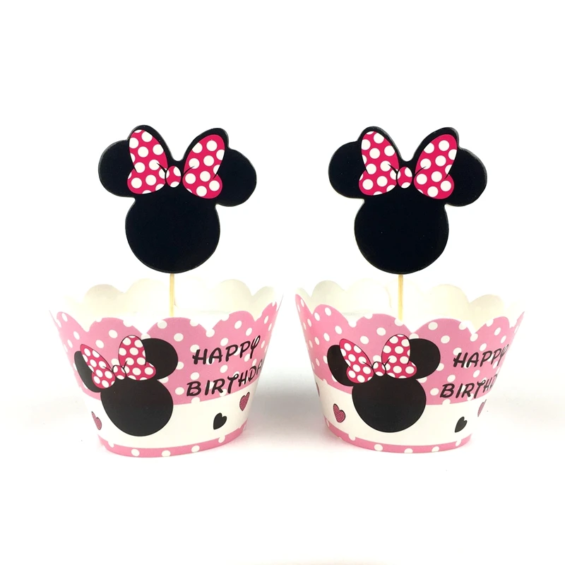 24pcs Baby Shower Kids Favors Minnie Mickey Mouse Decoration Cake Cupcake Paper Wrappers Toppers Happy Birthday Party Supplies