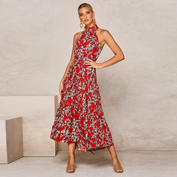 

Halter Maxi Long Dress Women Floral Print Beach Summer Dress 2020 Fashion Polka-dot Strap Ladies Boho Dress Femme Vestidos