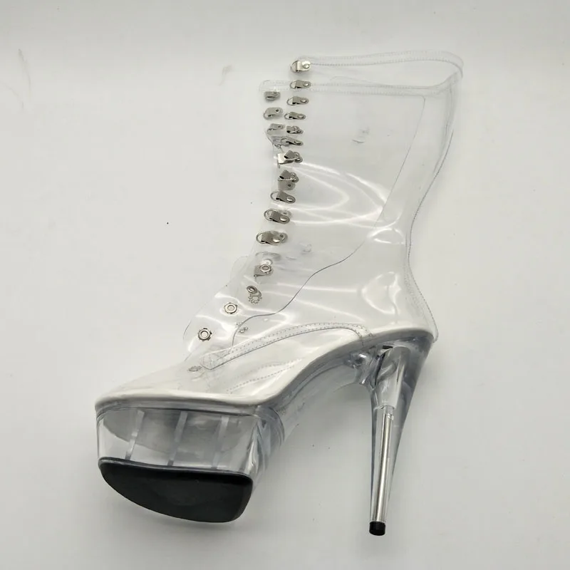 LAIJIANJINXIA New Sexy Clear Pvc Women Boots Transparent 15CM High Heels Lace-Up Knee-High Boots Spike Heels Platform Shoes