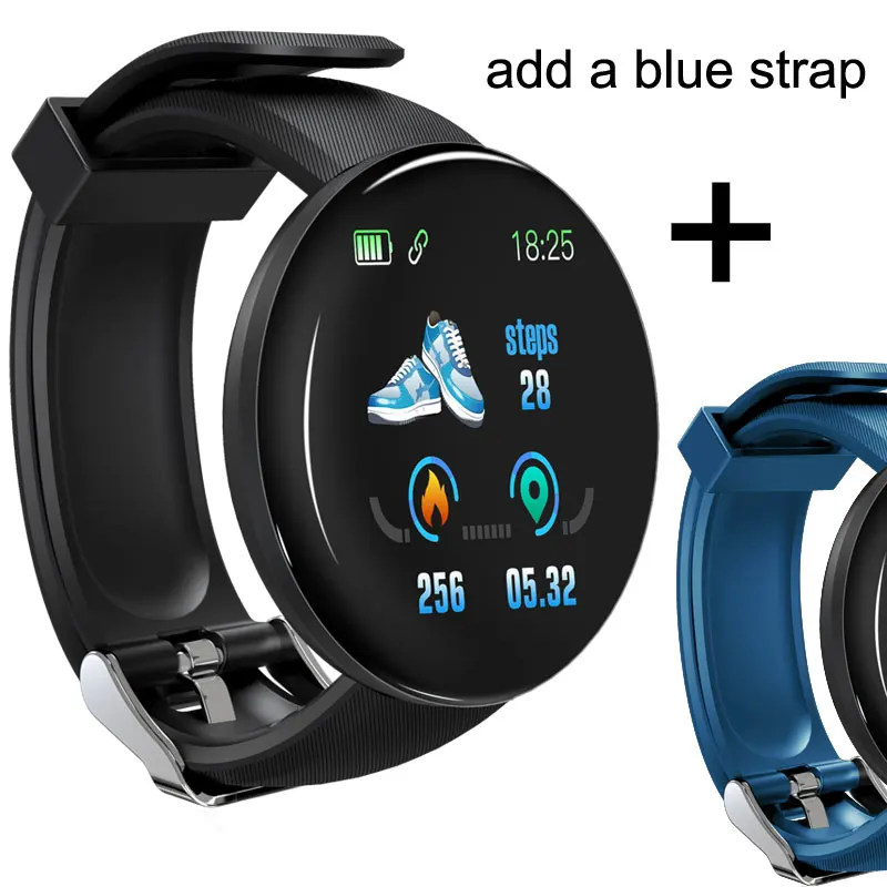 Смарт-часы с Bluetooth, мужские, кровяное давление, круглые, умные часы, женские часы, водонепроницаемые, спортивный трекер, WhatsApp для Android Ios - Цвет: D18 add blue strap