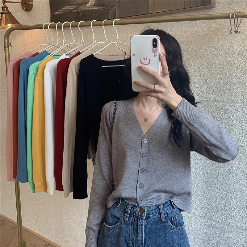 

Autumn Winter Newly Thin Women Cardigans 2020 Fashion Slim Ladies Knitted Sweater Long Sleeve Buttons Gray Sweater Solid