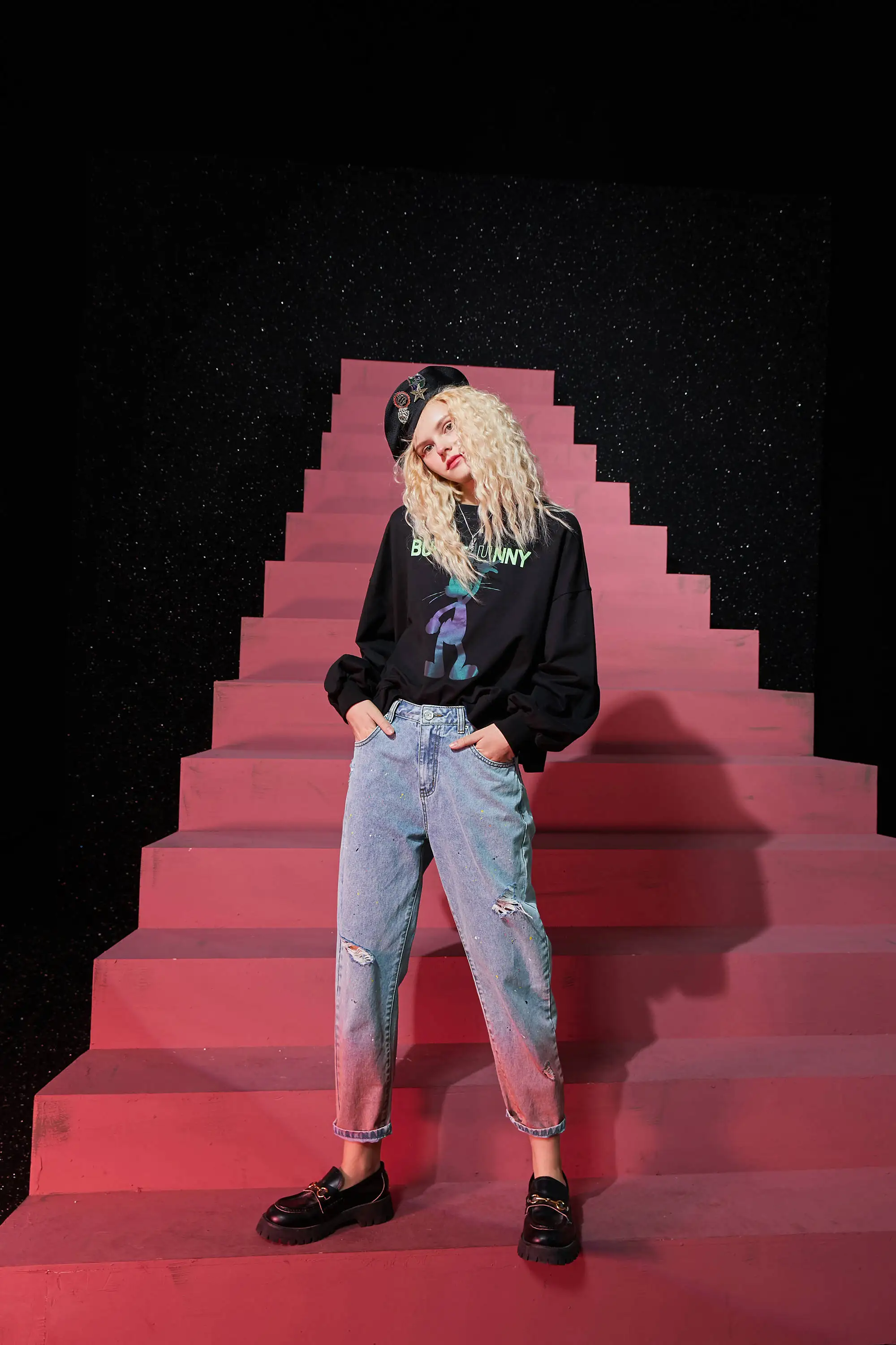 ELFSACK Pink Gradient High Waist Washed Casual Women Denim Jeans,2020 Autumn ELF Ripped Hole Korean Female Daily Basic Trousers