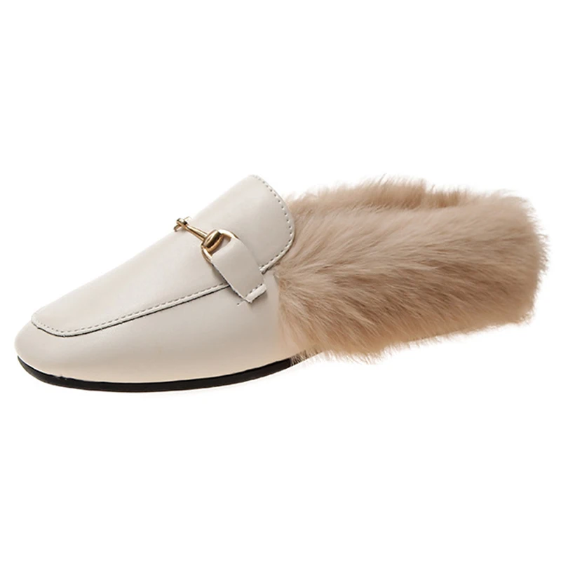 

New Autumn Winter Mules Women Flat with Faux Fur Slippers Warm Soft Ladies Slip On Metal Decoration Fashion Shoes Flats AEZLZ225