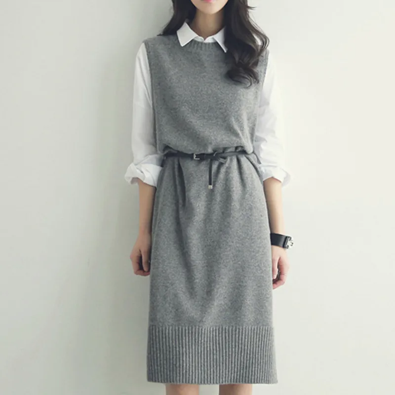 2 Colors Women Long Knitted Sweater Dress Vest Sleeveless Warm Autumn Winter Pullover Vest Dress
