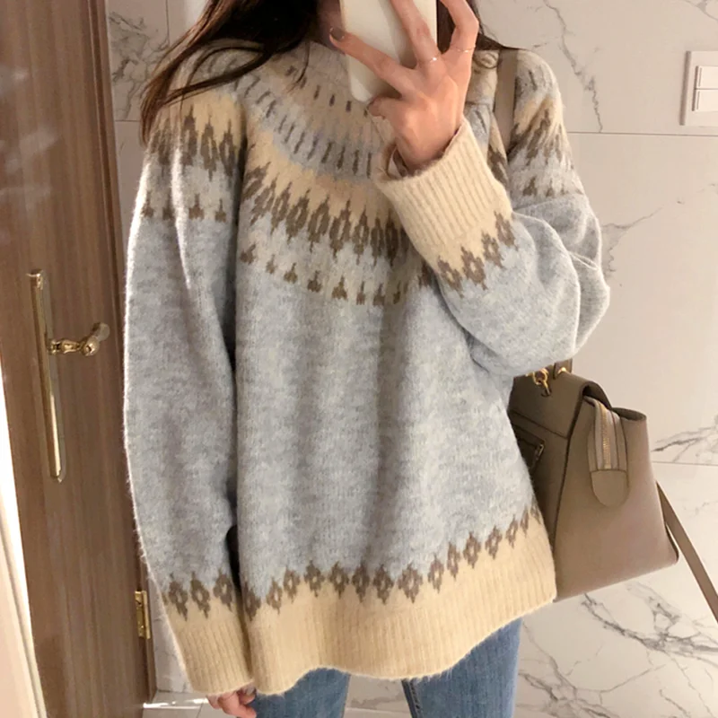 Koop Flectit Fair Isle Trui Vrouwen Lange Mouwen Ronde Hals Gezellige Gebreide Herfst Winter Warme Truien *