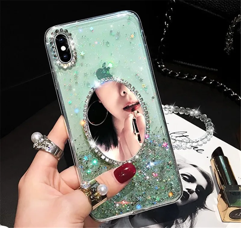 

case for iPhone 11 XR 7 8 11 Pro Max X XS Max Plus 6 6s cover glitter Mirror Transparent Rhinestone(without chain)