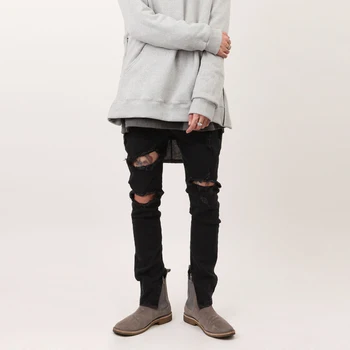 

Tide thin knees hole black Slim zipper feet jeans men's autumn and winter new trousers high street ripped jeans hip hop