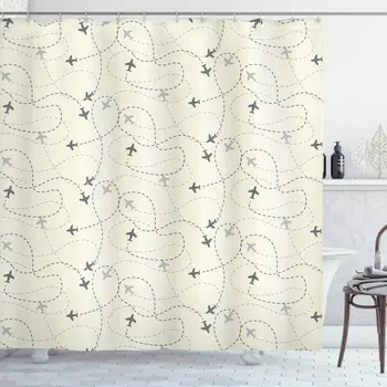 

Beige Grey Shower Curtain Airline Route Map Flight Jet Destination Control Fly Theme Textured Travel Trip Journey