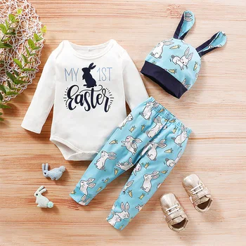

2020 Spring Baby Sets Long-Sleeve Romper Printed Trousers and Cap