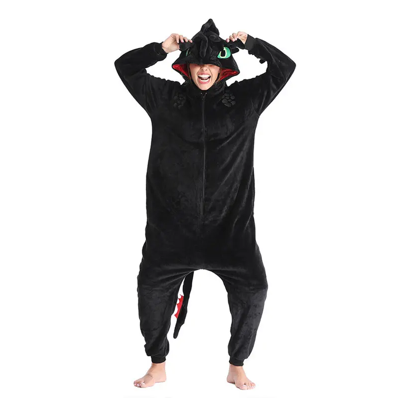 Anime Black Dragon Kugurumis Unisex Onesie Winter Warm Homewear Flannel Women Halloween Party Outfit Christmas Pajamas