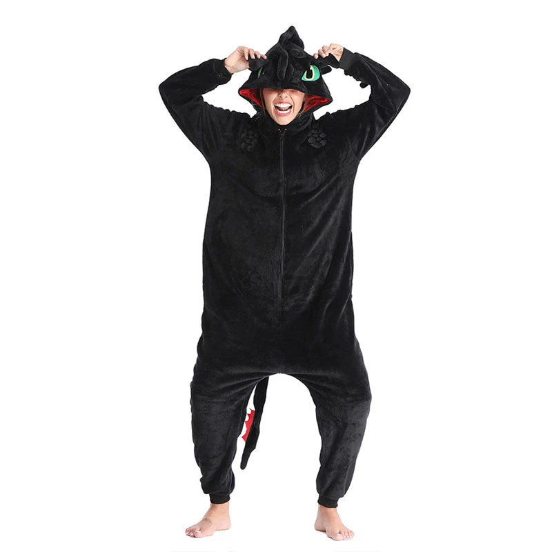 Desdentado dragón Kugurumis negro mono Unisex adulto pijama de franela  Anime tren su furia nocturna ropa de dormir desgaste cremallera traje| | -  AliExpress