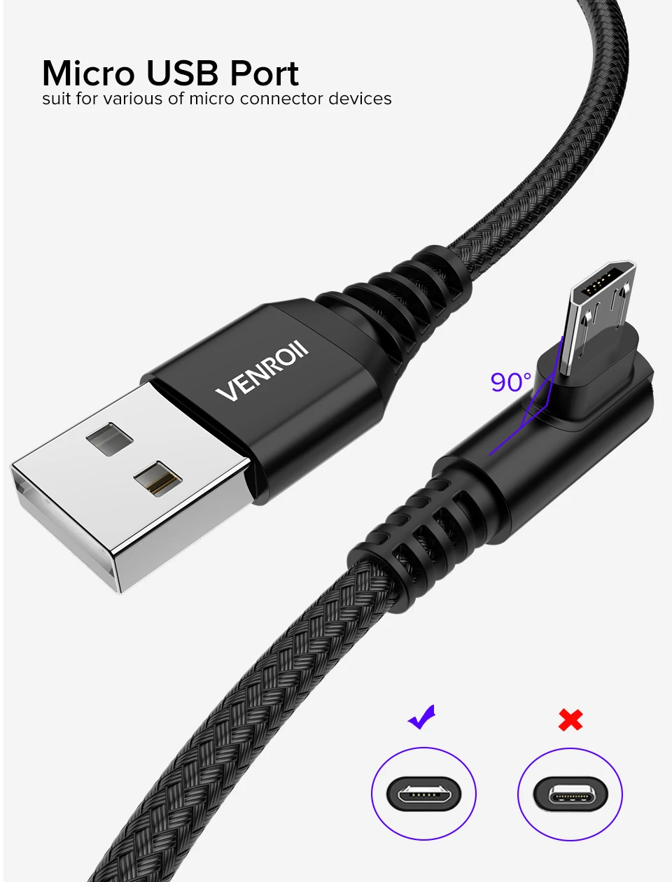 Venroii Быстрая зарядка Micro USB кабель 90 градусов мобильный телефон игровой шнур Android провод для samsung Xiaomi Redmi 7A huawei Honor 8X