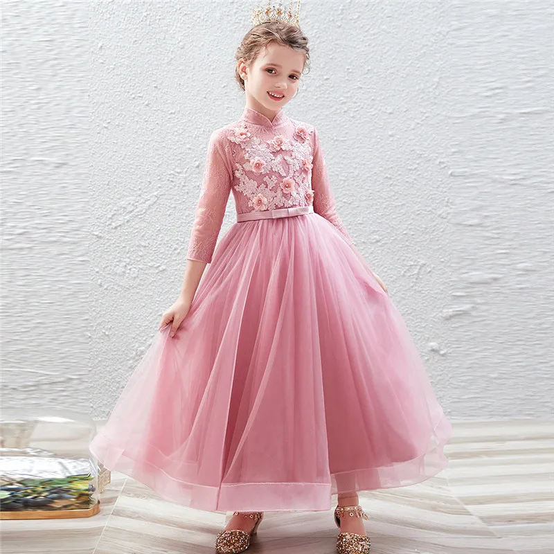 Autumn Winter Sweet Appliques Flowers Long Sleeves Birthday Wedding Party Princess Dress Kids Tutu Host Costumes Dress Wear - Цвет: as picture long