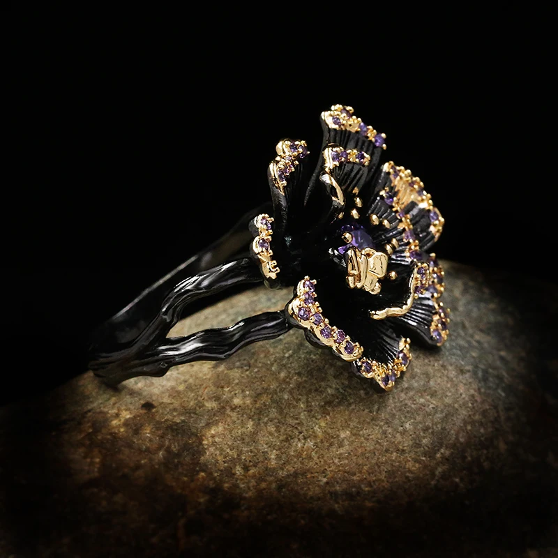 Exquisite Creative Blooming Flowers Stop Butterfly Ring Black Gold 925 Silver Jewelry Luxury Purple Shiny Zircon Ladies Ring silver ring,silver rings,rose flower ring,metal flower ring,enamel butterfly ring