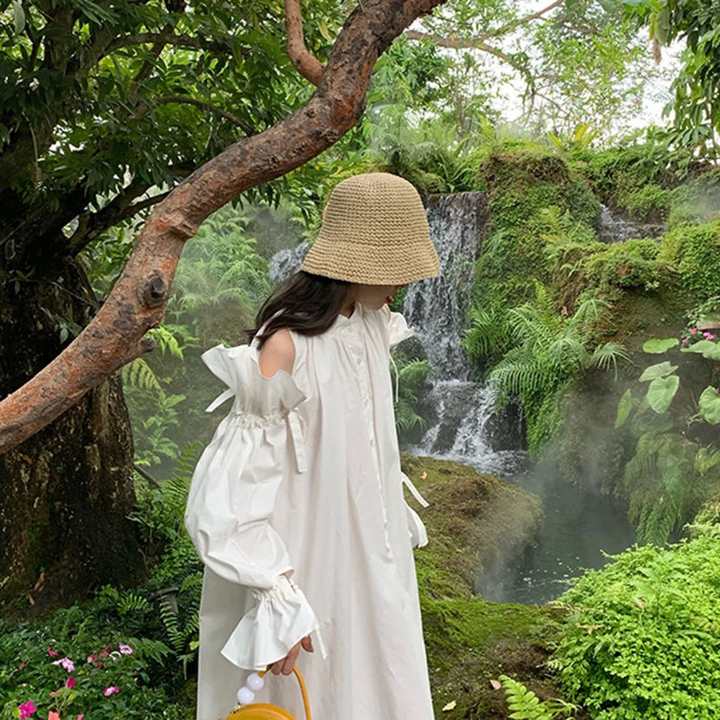 TVVOVVIN Vintage Sweet Elegant Lantern Sleeve Dress Women Loose Plus Size White Strapless Shoulder Maxi Dress Autumn New D212