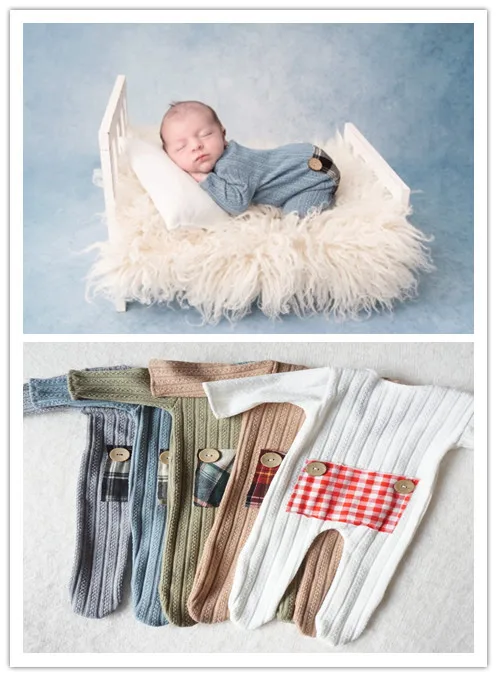 Newborn Photography Prop Lattice Patch Pocket Romper Baby Plaid Costume for Photo shoot Long Sleeve Outfit Boy Photo Props