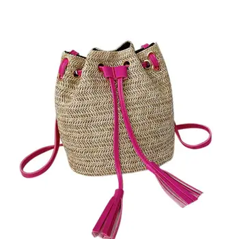

Women Shoulder Bag Fashion Sweet Beach All-match Straw Solid Color Drawstring Concise Bucket Shape Shoulder Bag