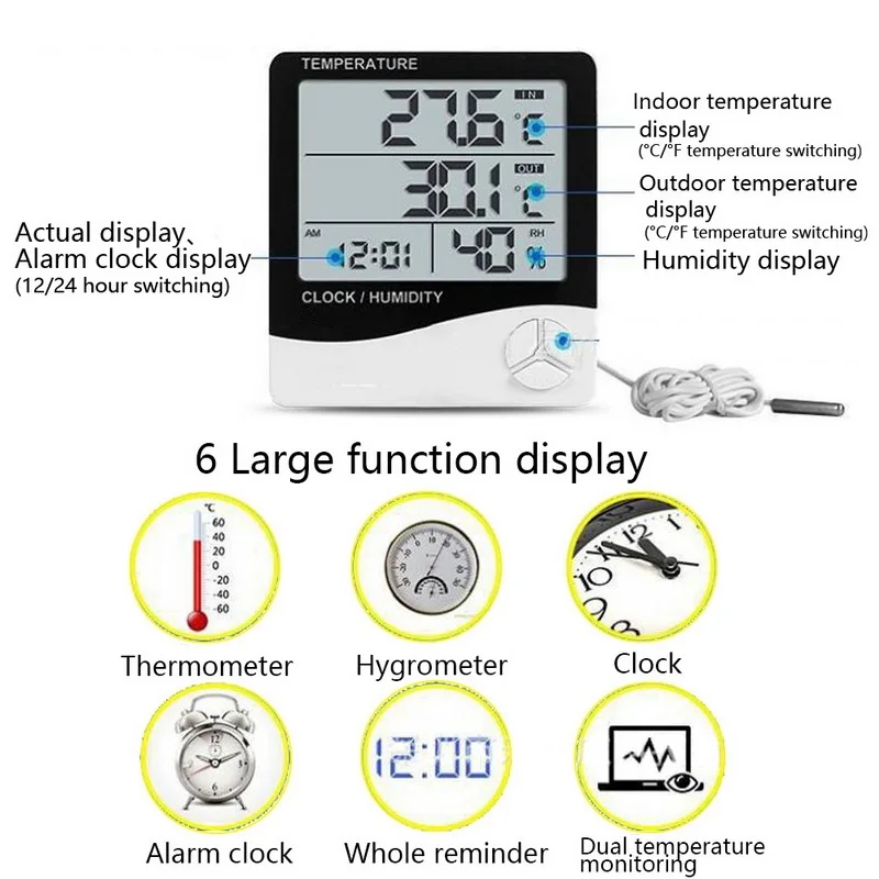 Портативный ЖК-цифровой измеритель температуры и влажности-1-2 Крытый Открытый гигрометр термометр метеостанция с часами