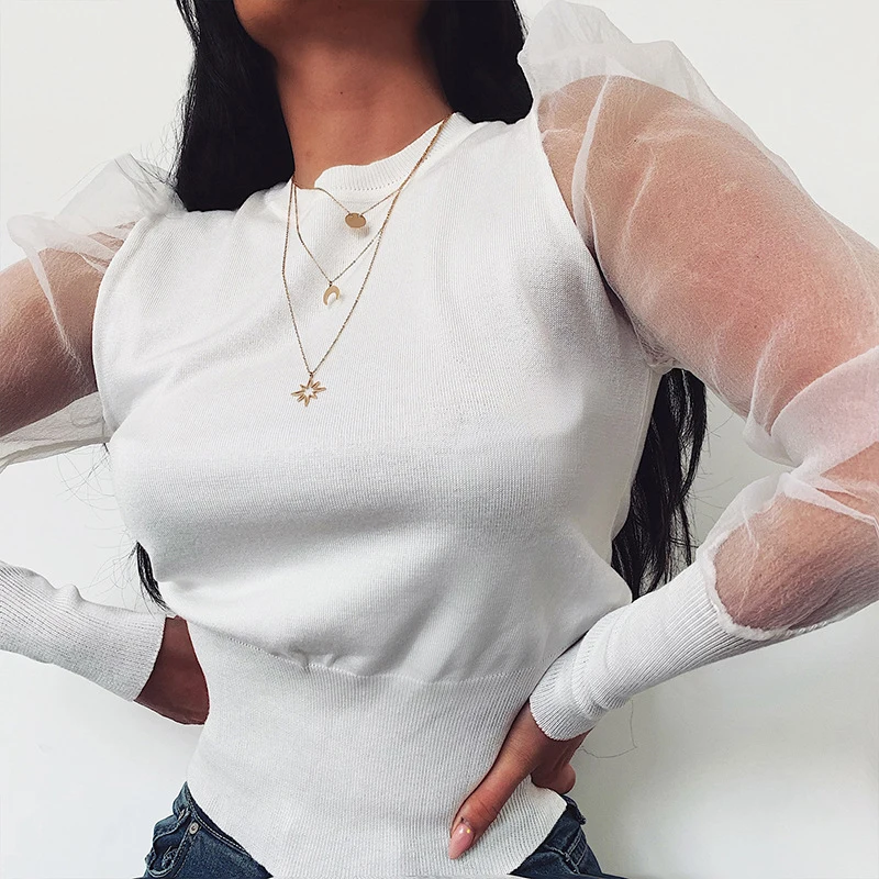 Сексуальная прозрачная сетчатая рубашка в стиле пэчворк, элегантная женская тонкая блузка в рубчик, топы, Осенние пышные Блузы с длинным рукавом и принтом, толстовка Mujer
