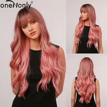 oneNonly Long Body Wave Ombre Brown Pink Synthetic Wigs with Bangs Natural Wave for Women Cosplay Natural Wig Heat Resistant