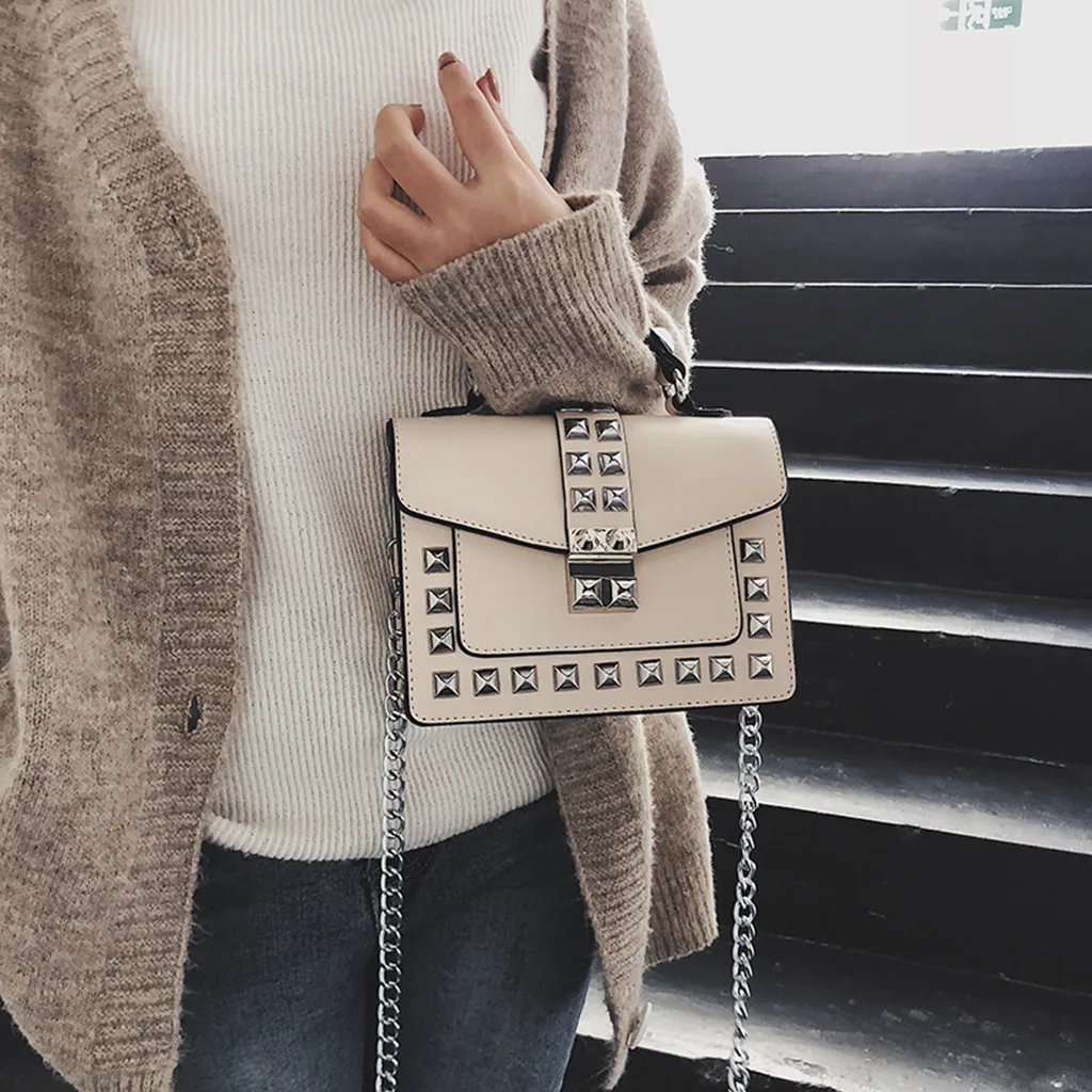 Small clear Brand Designer Woman New Fashion Messenger Bag Chains Shoulder Bag Female Rivets Transparent Square PU Handbag - Цвет: wh