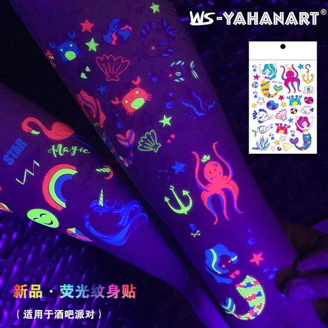 2020 cartoon unicorn mermaid space fluorescent tattoo stickers luminous flowers arm tattoos custom 1