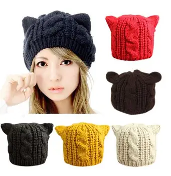 

Lovely Cat Ears Hat Beanie Women Warm Solid Color Hip-hop Cap Lady Girls Cute Winter Knitted Skullies Beanies Casual Wool Caps