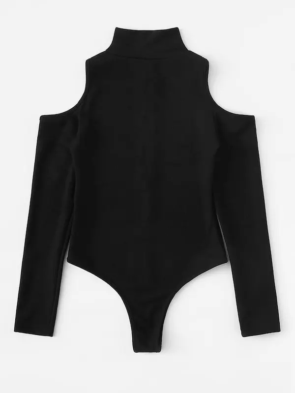 Women Turtle Neck Bodysuit Long Sleeve Solid Black Leotard Body Top Off Shoulder Zipper Stretch Basic Top Sexy Bodysuits
