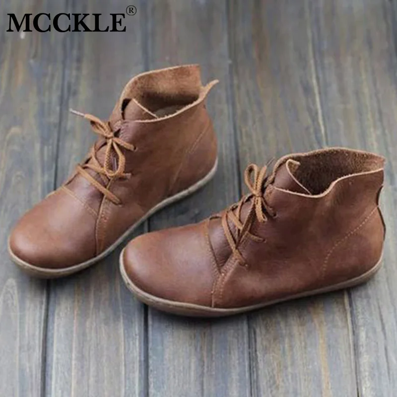 MCCKLE Women PU Leather Ankle Boots Ladies Retro Shoes Woman Flats Lace Up Light weight Soft Bottom Sewing Women's Shoes New