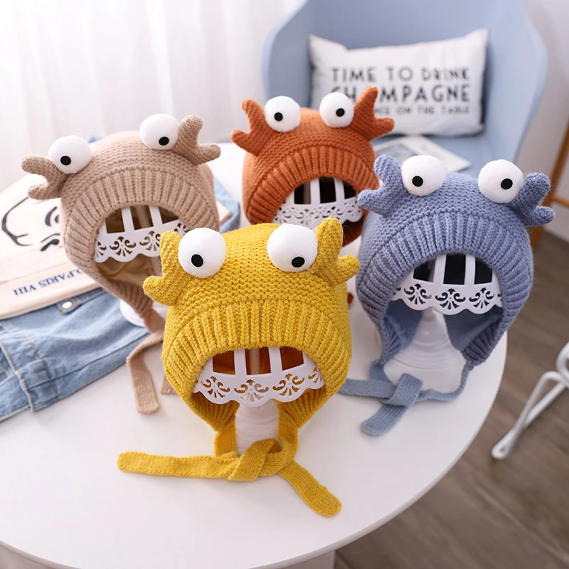 Милая зимняя детская шапка с большими крабами и глазами плотные плюшевые теплые