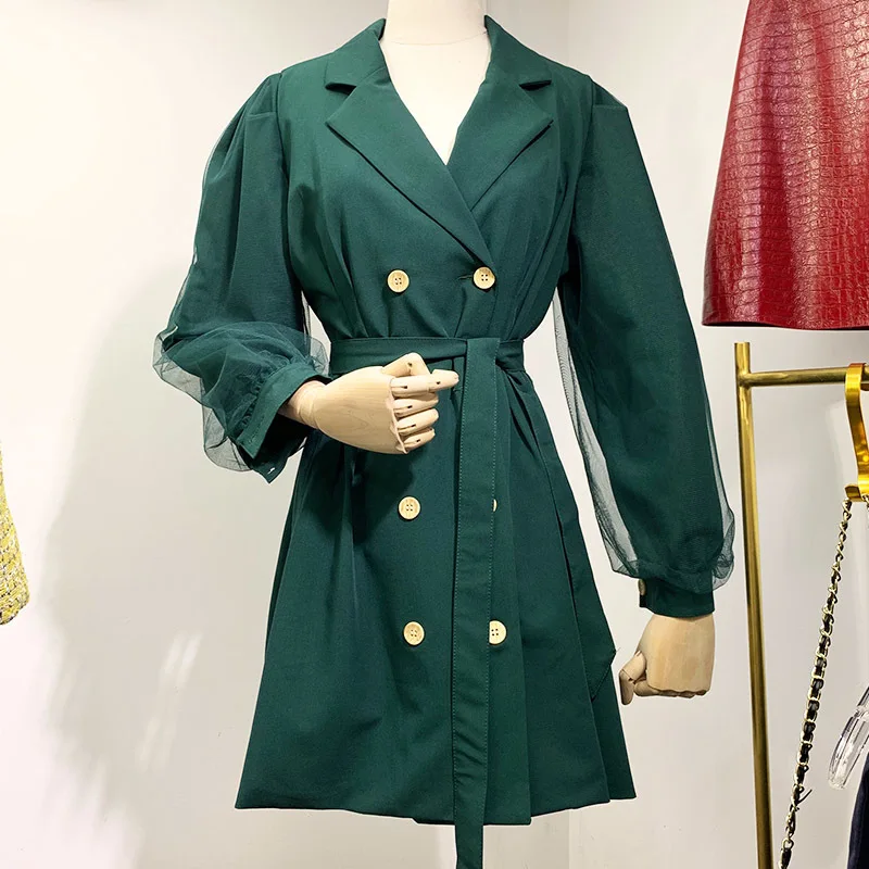 

[EWQ]Notched Neck Long Sleeve Strap Waist Green Blazer Dress 2019 Autumn New Loose Fashion Casual High Waist Women Dresses QK617