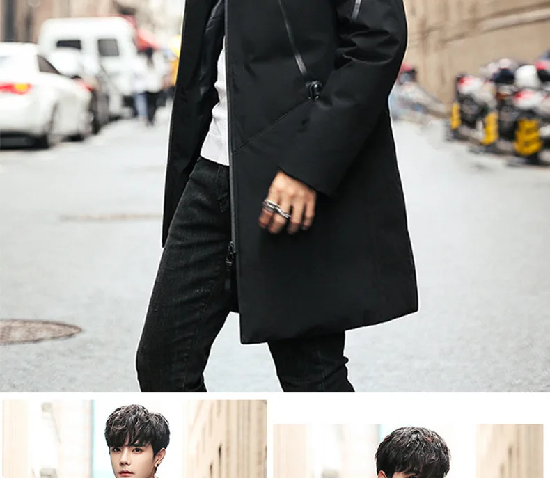 Winter down Jacket Men's Warm Cold White Duck down Mid-length MEN'S Hooded Jacket Comfortable Cool Stripes Men'S Wear